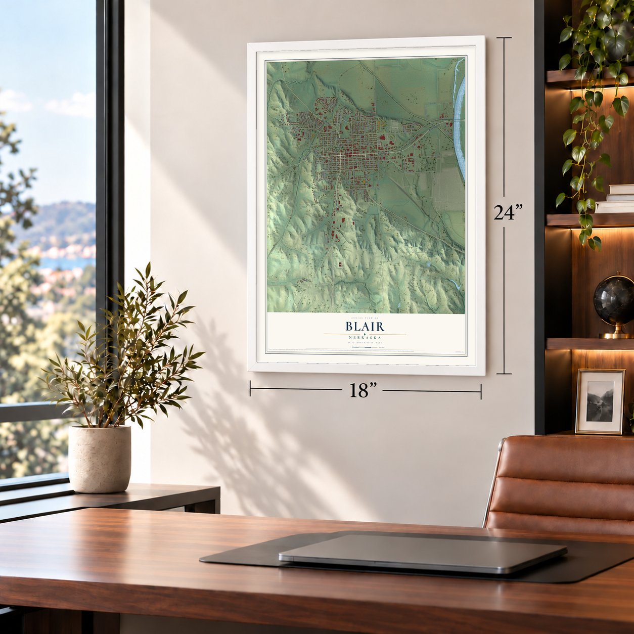 Blair, Nebraska map, 18 x 24 inch print in a white frame in a home office