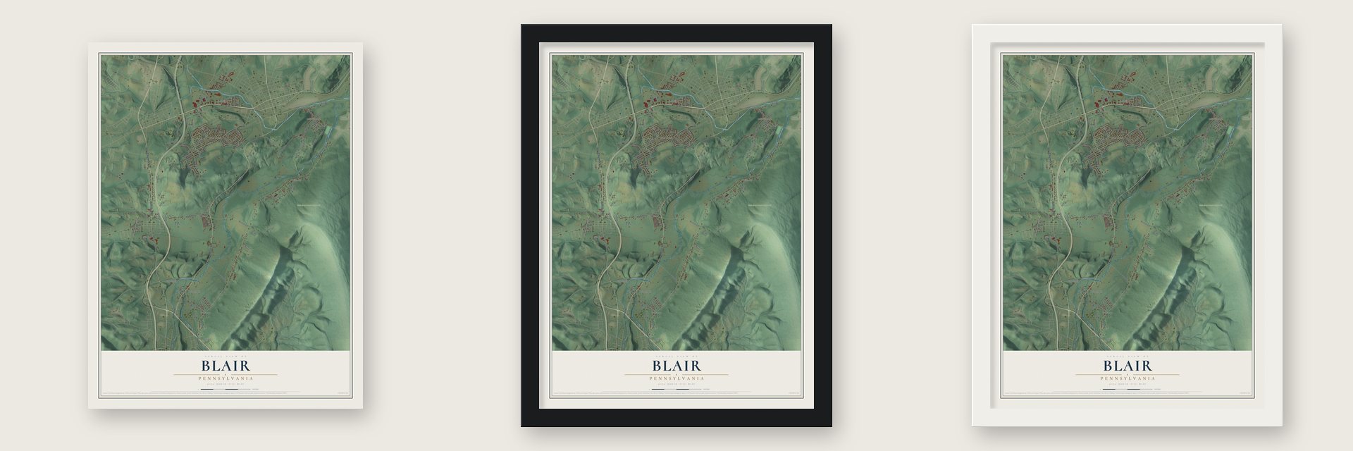 Blair, Pennsylvania map unframed, in a black wood frame and in a white wood frame