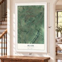 Blair, Pennsylvania map, 24 x 36 inch print in a white frame by a staircase