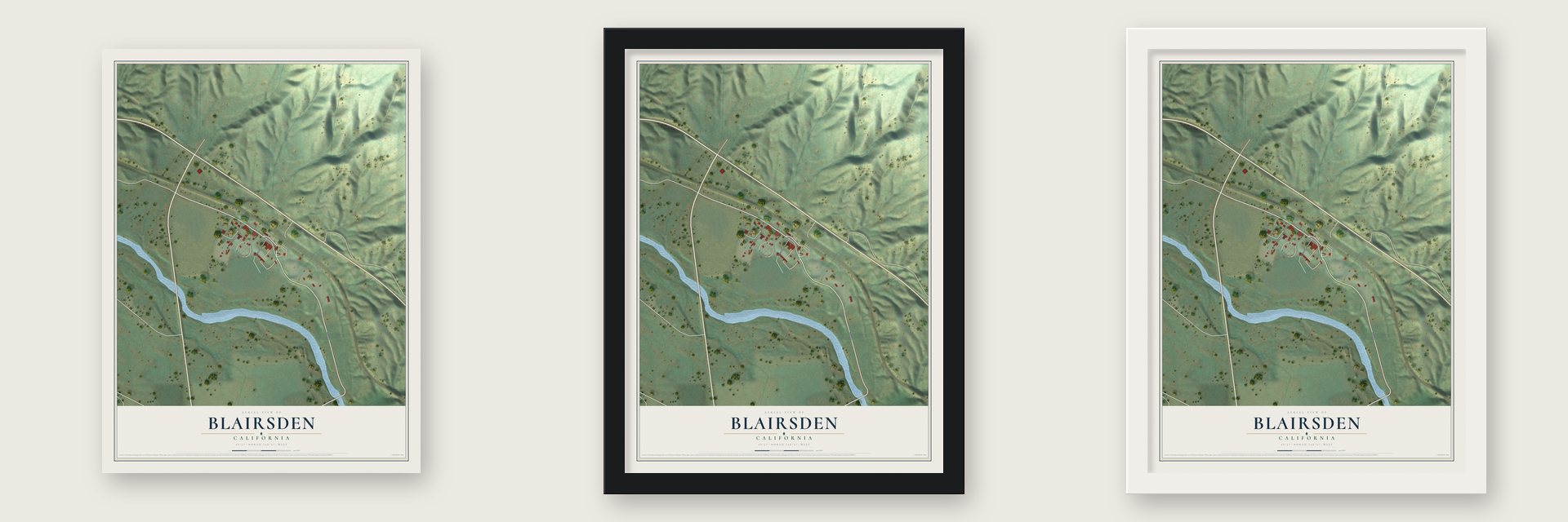 Blairsden, California map unframed, in a black wood frame and in a white wood frame