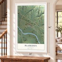 Blairsden, California map, 24 x 36 inch print in a white frame by a staircase