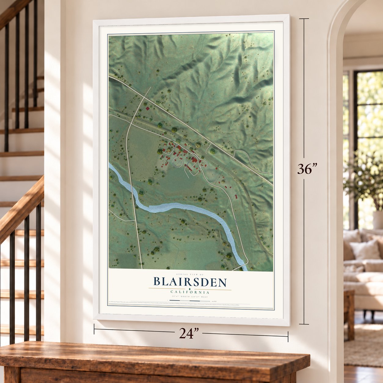 Blairsden, California map, 24 x 36 inch print in a white frame by a staircase