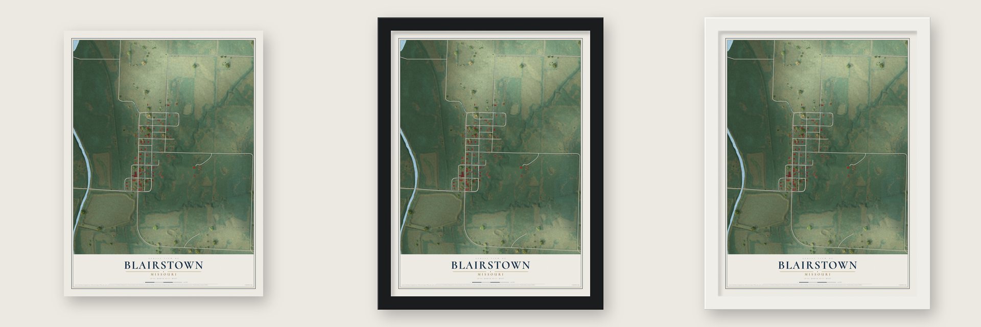 Blairstown, Missouri map unframed, in a black wood frame and in a white wood frame