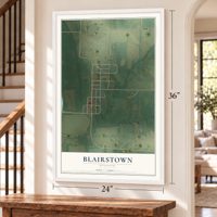 Blairstown, Missouri map, 24 x 36 inch print in a white frame by a staircase