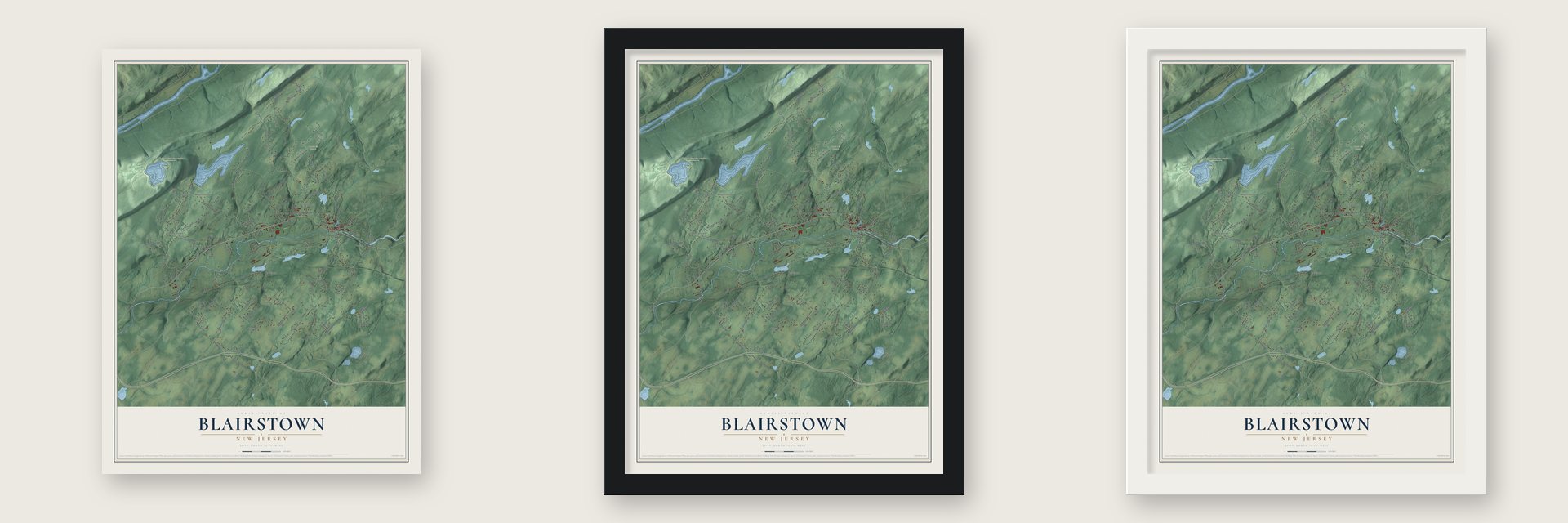Blairstown, New Jersey map unframed, in a black wood frame and in a white wood frame