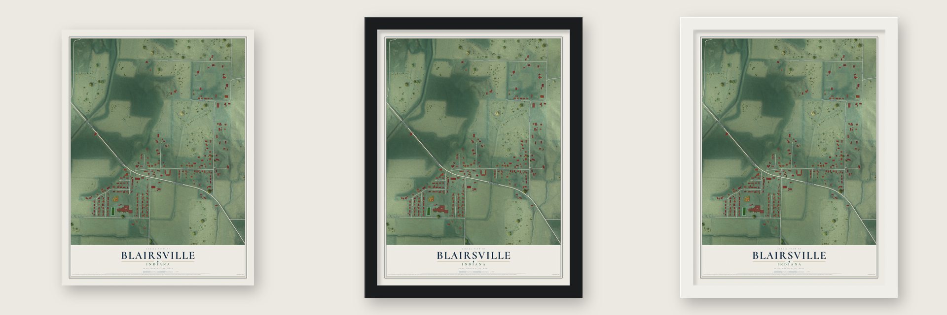 Blairsville, Indiana map unframed, in a black wood frame and in a white wood frame