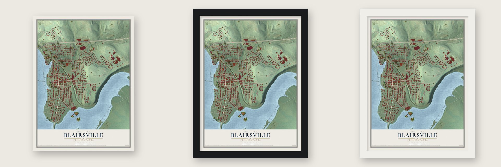 Blairsville, Pennsylvania map unframed, in a black wood frame and in a white wood frame