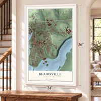 Blairsville, Pennsylvania map, 24 x 36 inch print in a white frame by a staircase