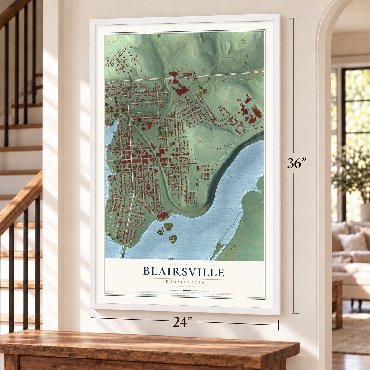 Blairsville, Pennsylvania map, 24 x 36 inch print in a white frame by a staircase
