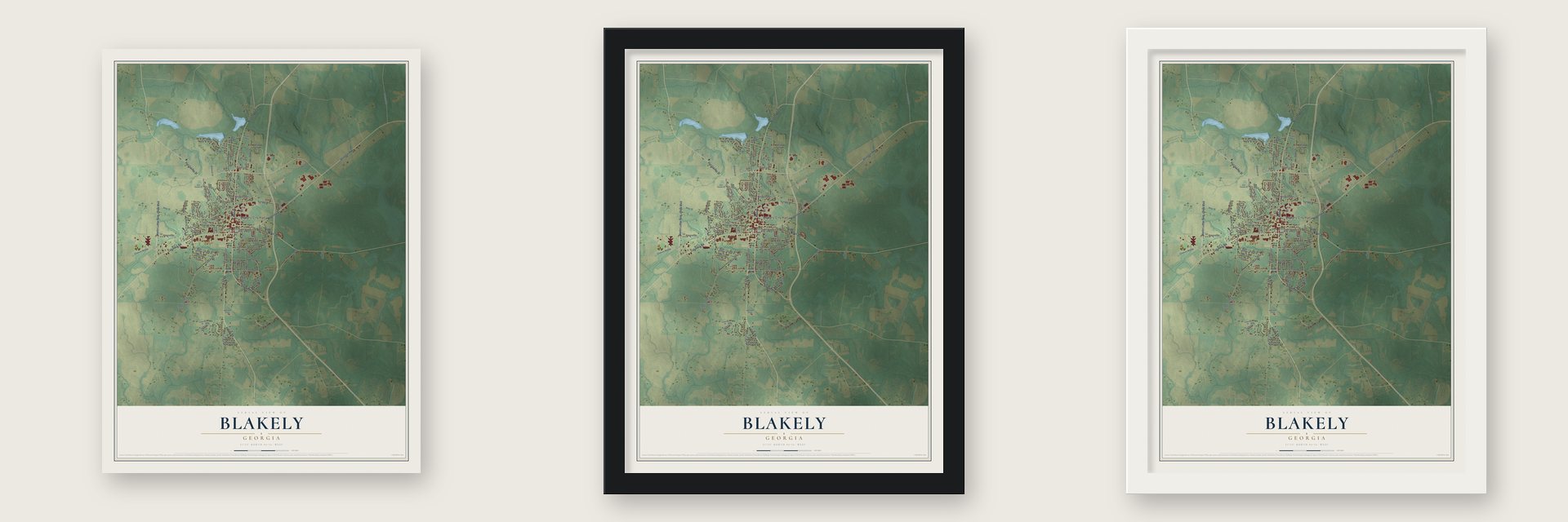 Blakely, Georgia map unframed, in a black wood frame and in a white wood frame