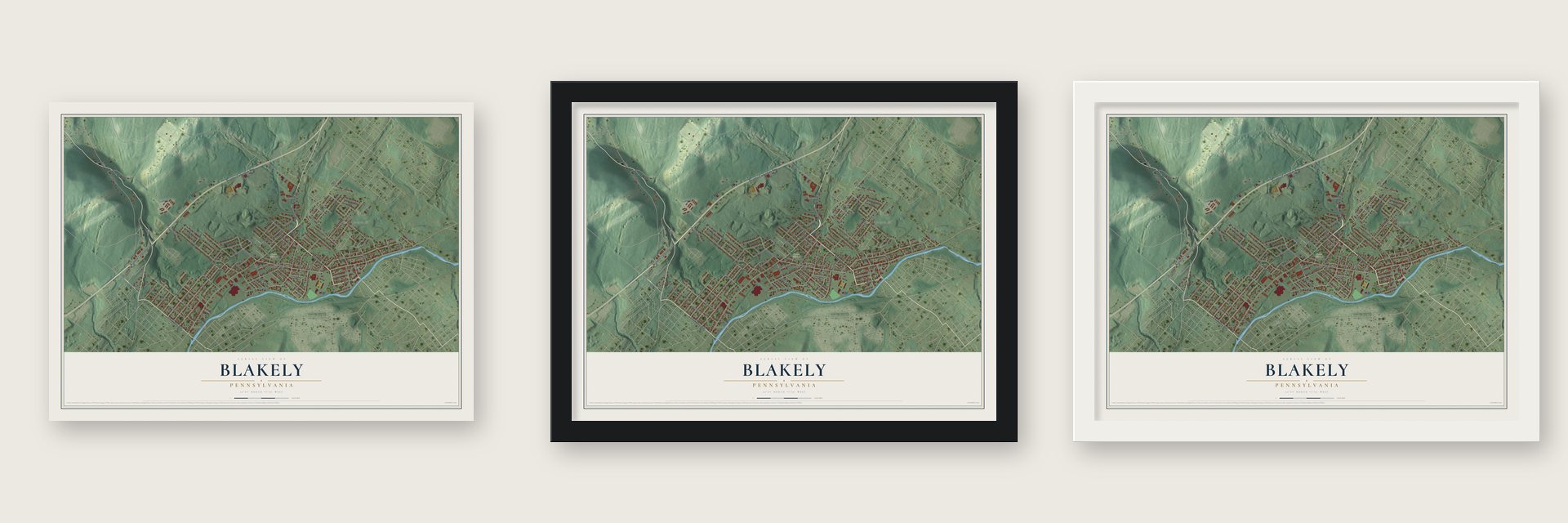 Blakely, Pennsylvania map unframed, in a black wood frame and in a white wood frame