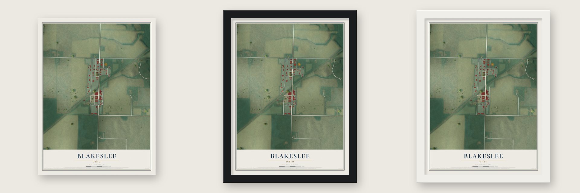 Blakeslee, Ohio map unframed, in a black wood frame and in a white wood frame