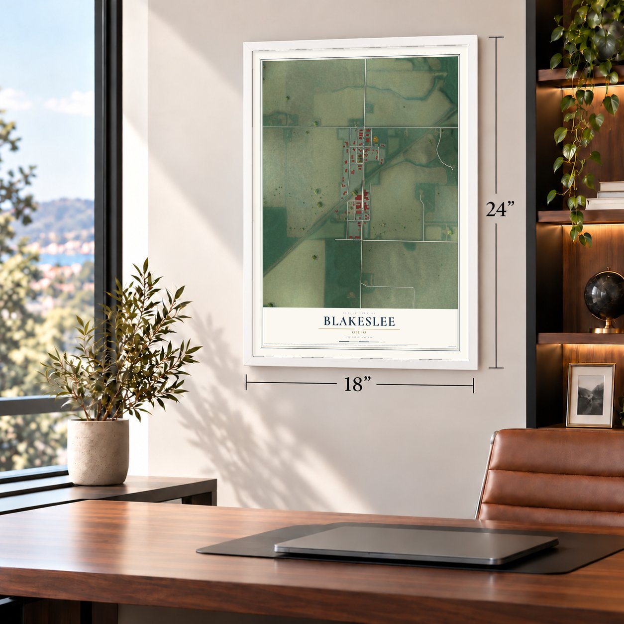 Blakeslee, Ohio map, 18 x 24 inch print in a white frame in a home office