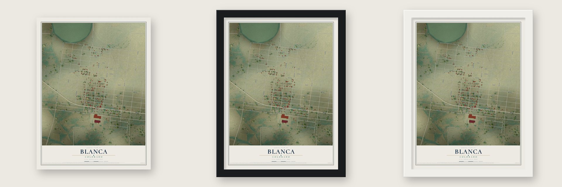 Blanca, Colorado map unframed, in a black wood frame and in a white wood frame