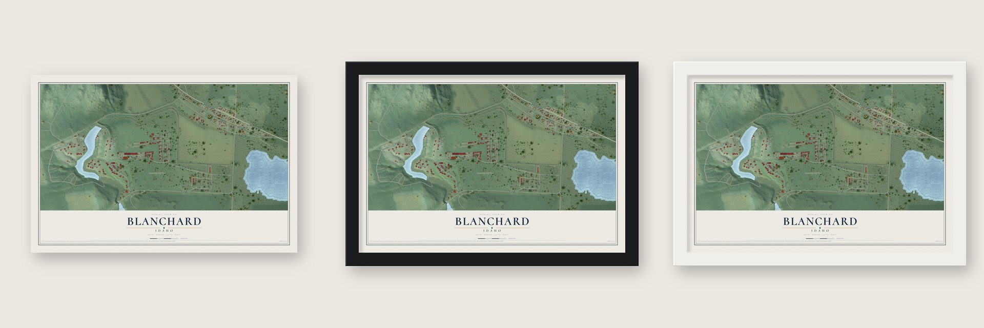 Blanchard, Idaho map unframed, in a black wood frame and in a white wood frame