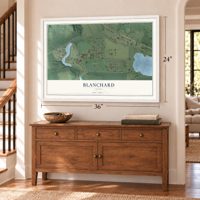 Blanchard, Idaho map, 24 x 36 inch print in a white frame above a dresser by a staircase