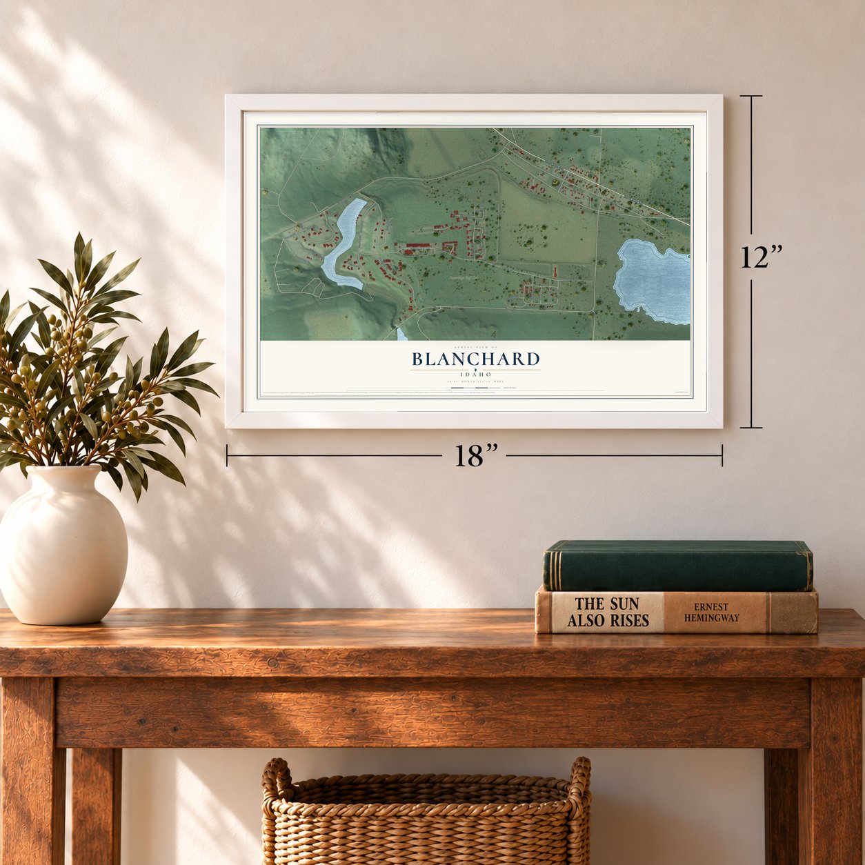 Blanchard, Idaho map, 12 x 18 inch print in a white frame in an entryway