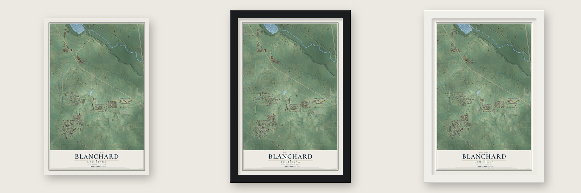 Blanchard, Louisiana map unframed, in a black wood frame and in a white wood frame
