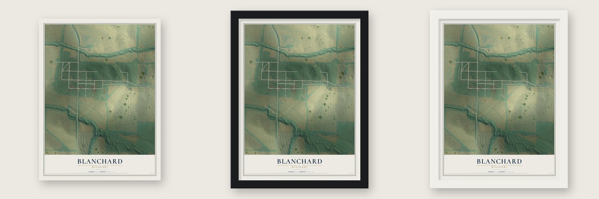 Blanchard, Missouri map unframed, in a black wood frame and in a white wood frame