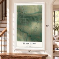 Blanchard, Missouri map, 24 x 36 inch print in a white frame by a staircase