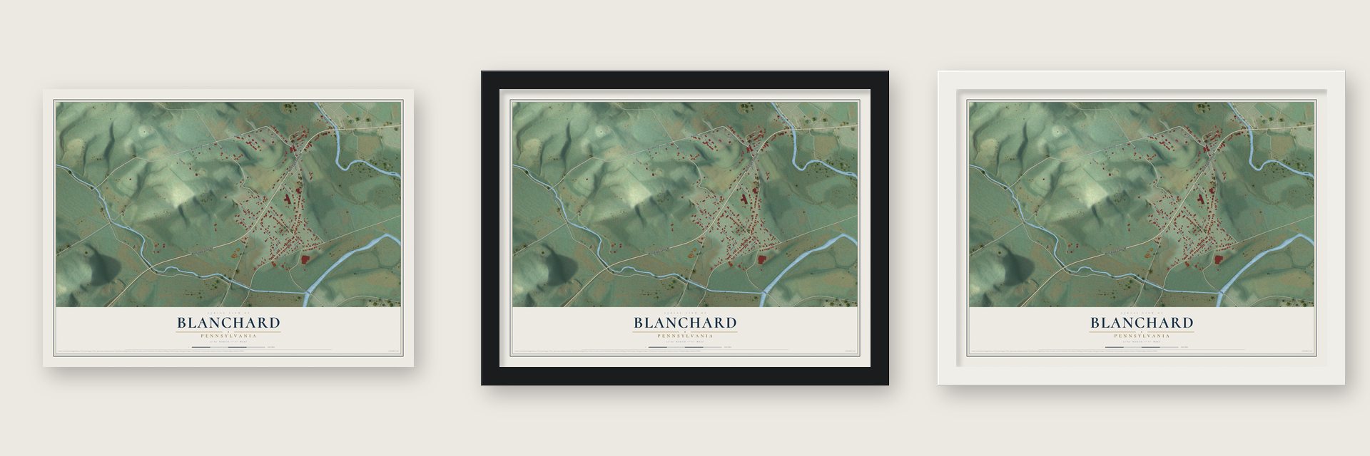 Blanchard, Pennsylvania map unframed, in a black wood frame and in a white wood frame