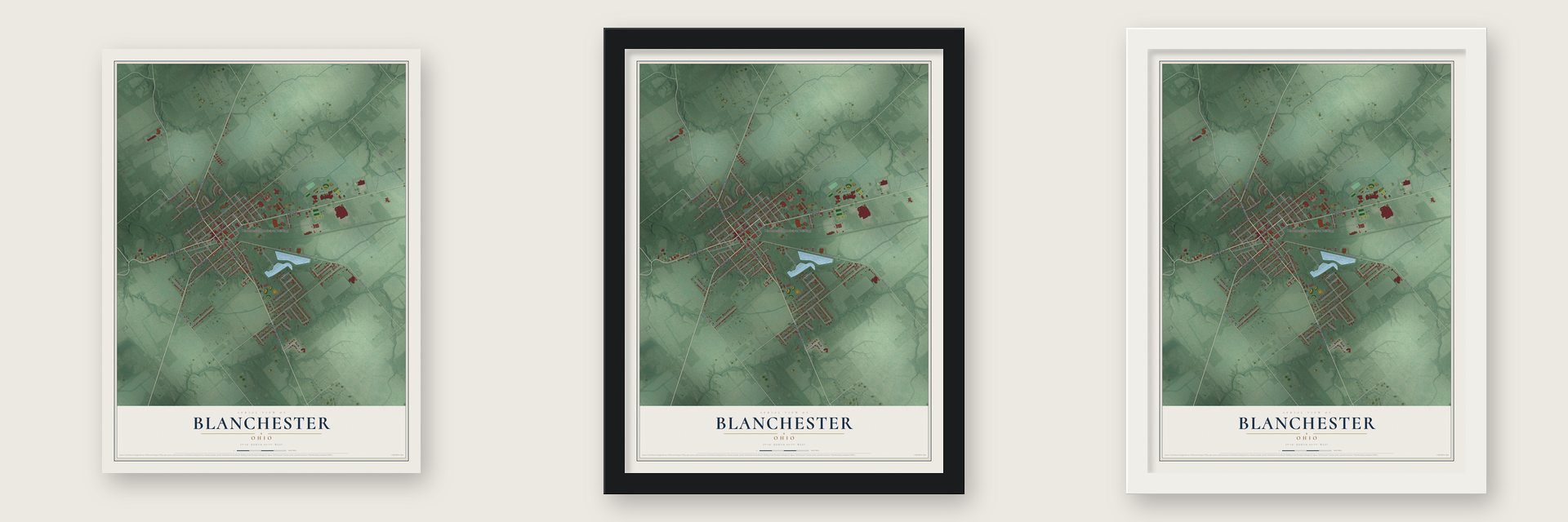 Blanchester, Ohio map unframed, in a black wood frame and in a white wood frame