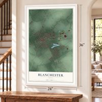 Blanchester, Ohio map, 24 x 36 inch print in a white frame by a staircase