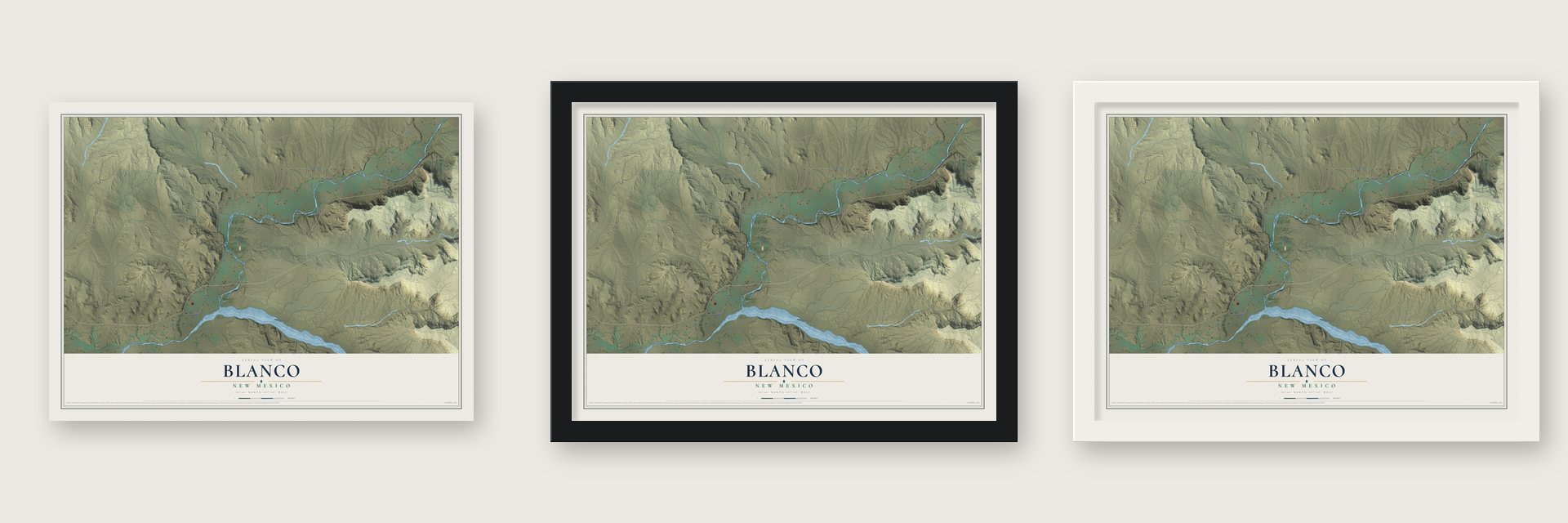 Blanco, New Mexico map unframed, in a black wood frame and in a white wood frame