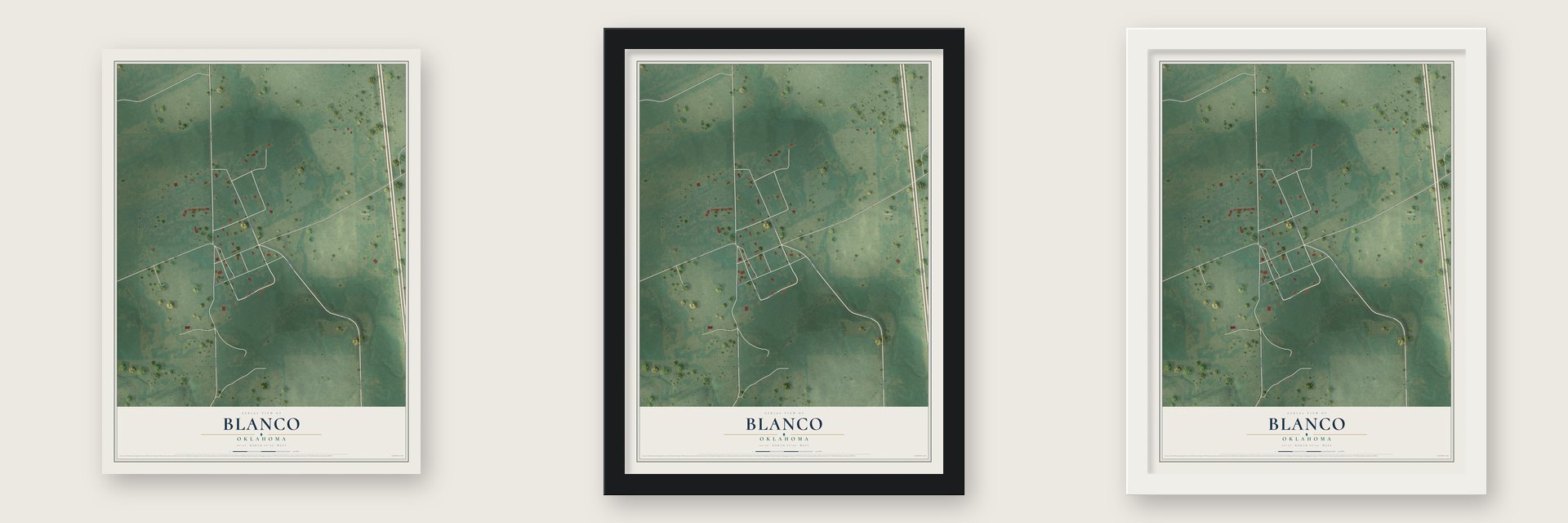 Blanco, Oklahoma map unframed, in a black wood frame and in a white wood frame