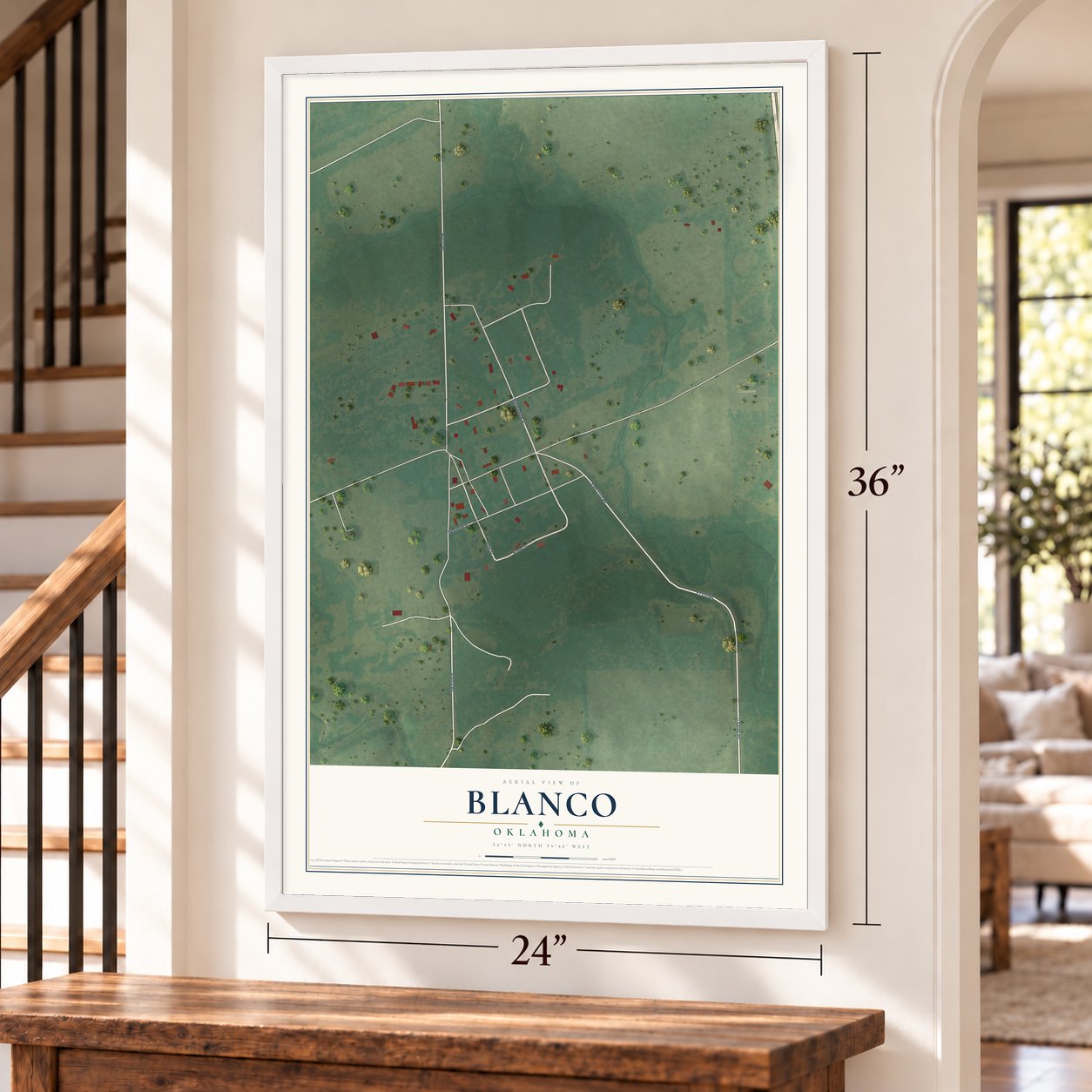 Blanco, Oklahoma map, 24 x 36 inch print in a white frame by a staircase
