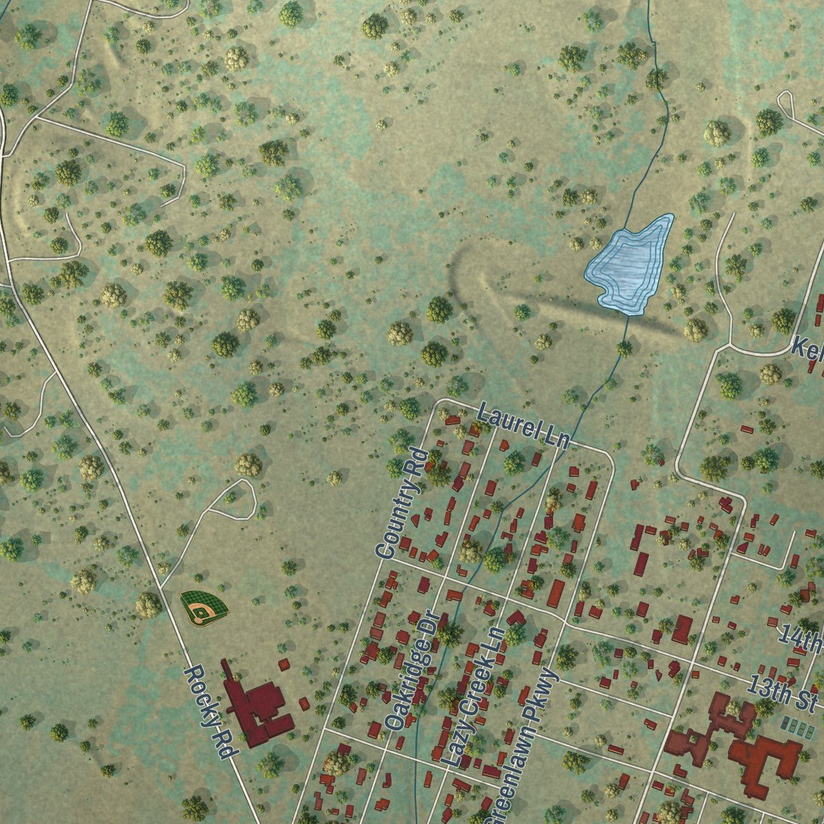 Second close-up of the map of Blanco, Texas print showing more streets and buildings