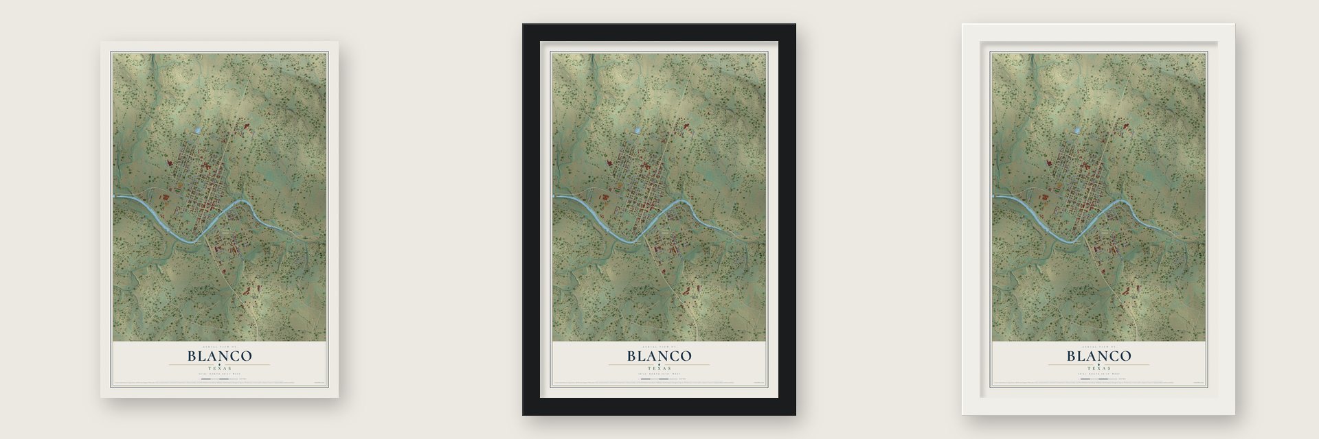 Blanco, Texas map unframed, in a black wood frame and in a white wood frame