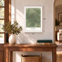 Blanco, Texas map, 12 x 18 inch print in a white frame in an entryway