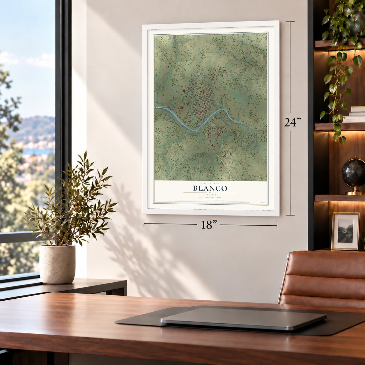 Blanco, Texas map, 18 x 24 inch print in a white frame in a home office