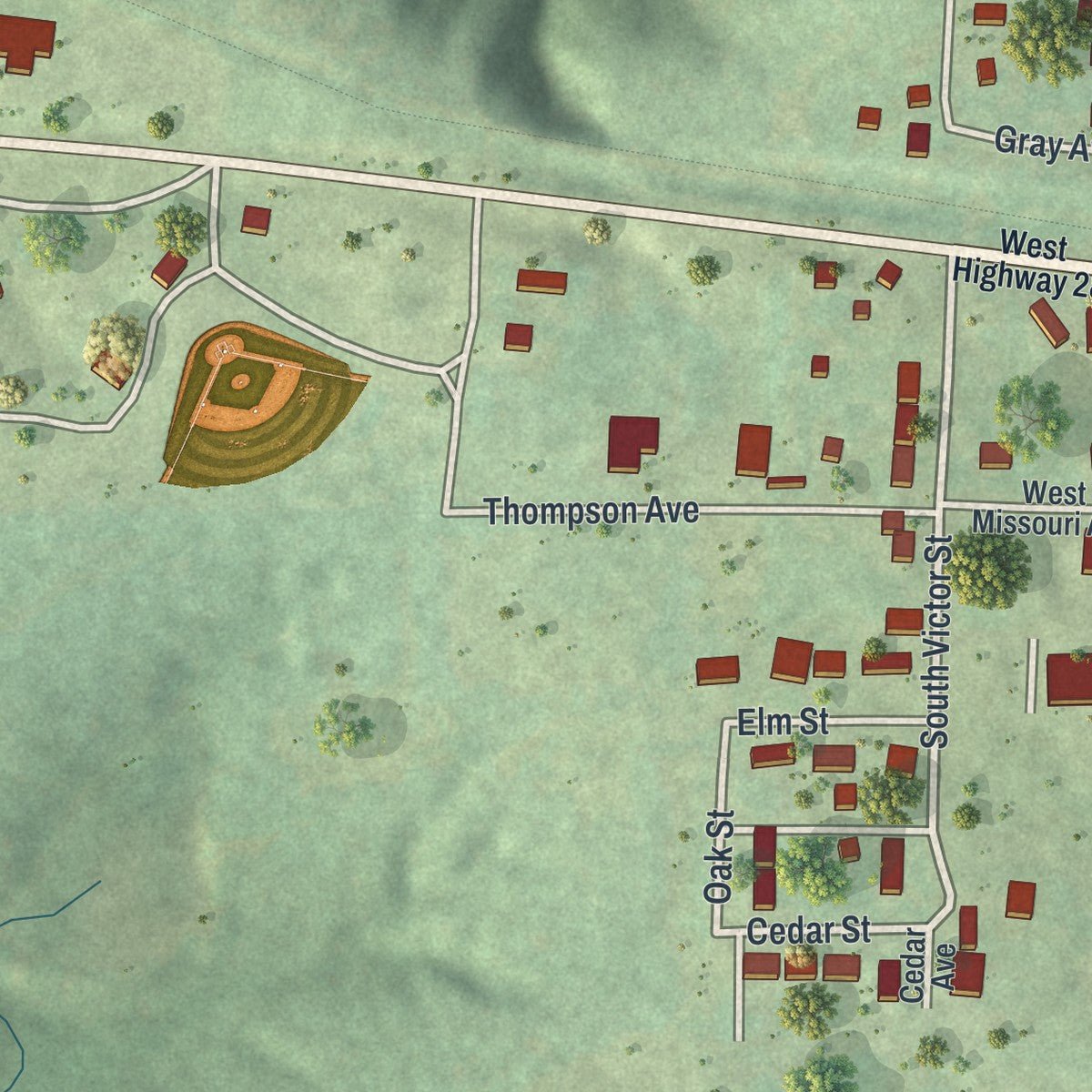 Second close-up of the map of Bland, Missouri print showing more streets and buildings