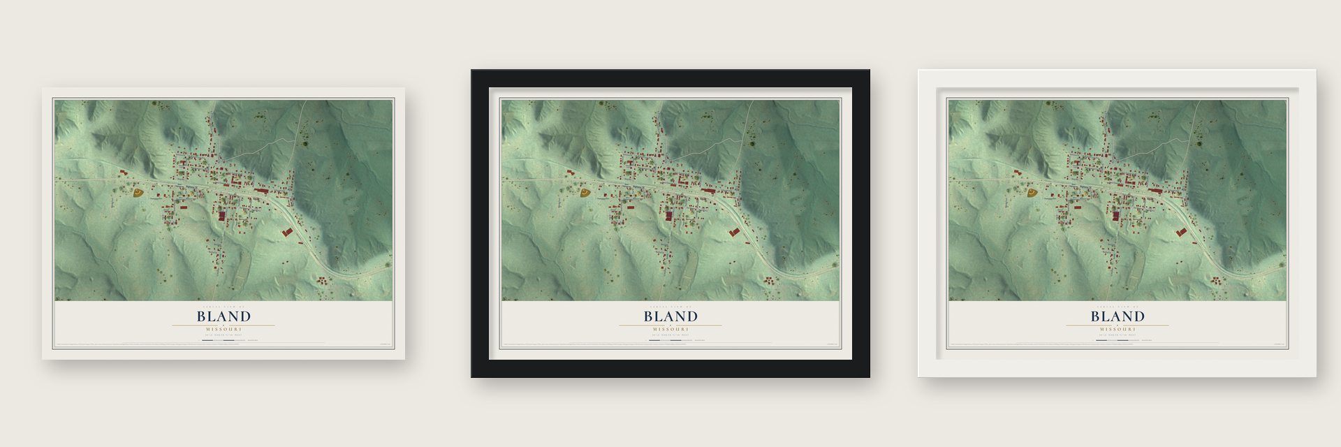 Bland, Missouri map unframed, in a black wood frame and in a white wood frame
