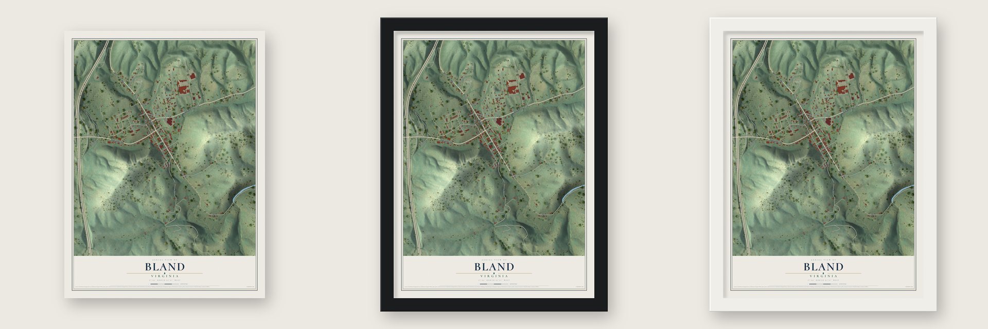 Bland, Virginia map unframed, in a black wood frame and in a white wood frame