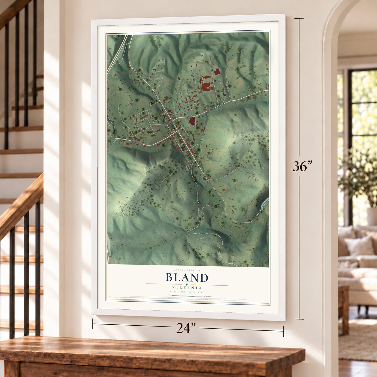 Bland, Virginia map, 24 x 36 inch print in a white frame by a staircase