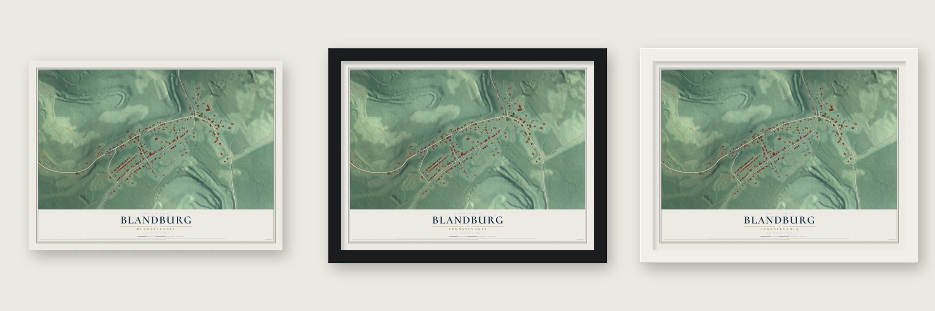 Blandburg, Pennsylvania map unframed, in a black wood frame and in a white wood frame