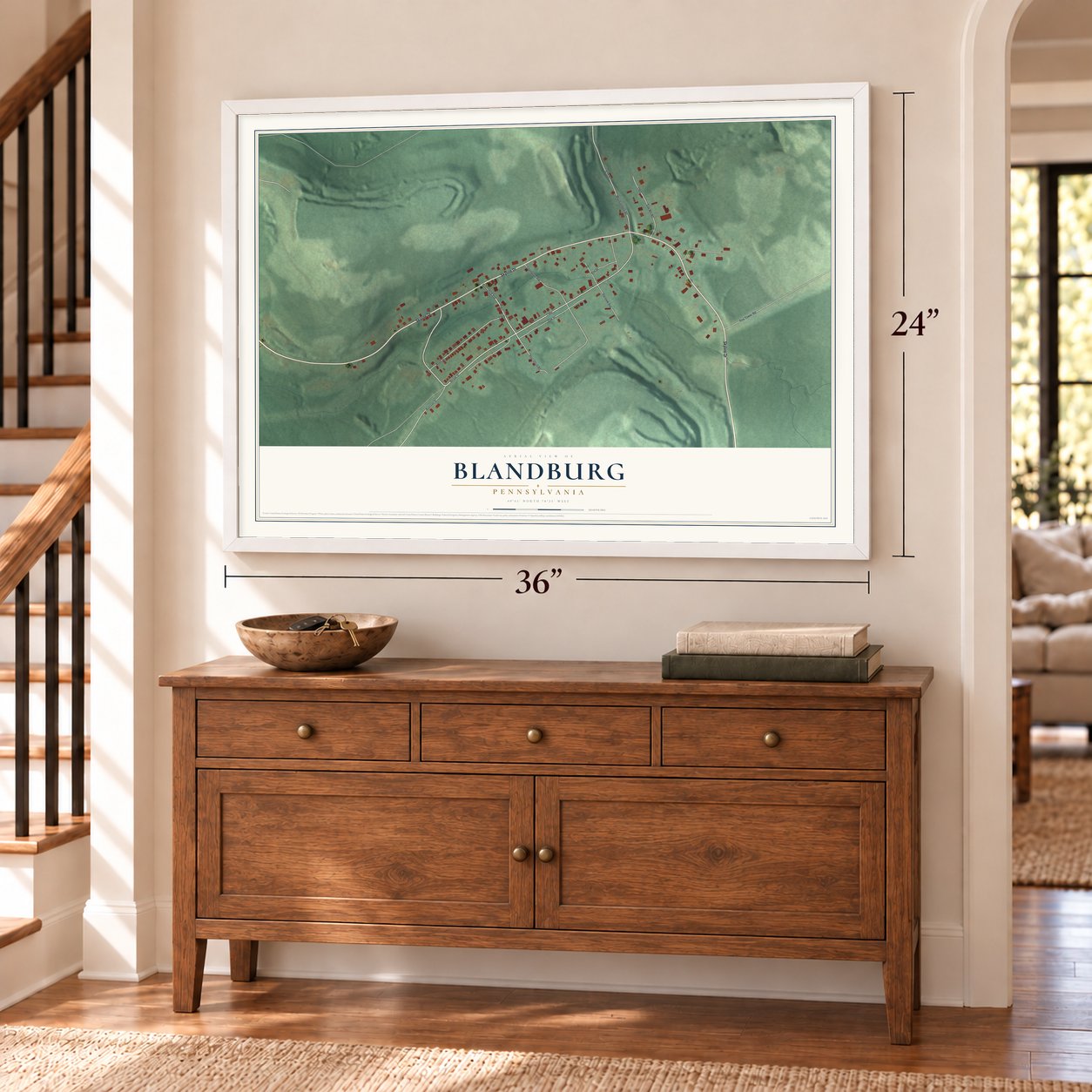 Blandburg, Pennsylvania map, 24 x 36 inch print in a white frame above a dresser by a staircase