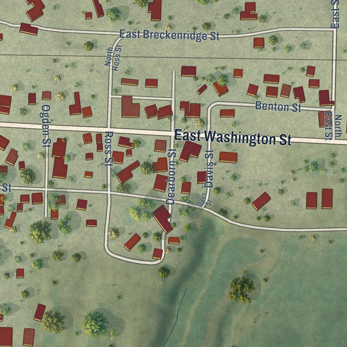 Second close-up of the map of Blandinsville, Illinois print showing more streets and buildings