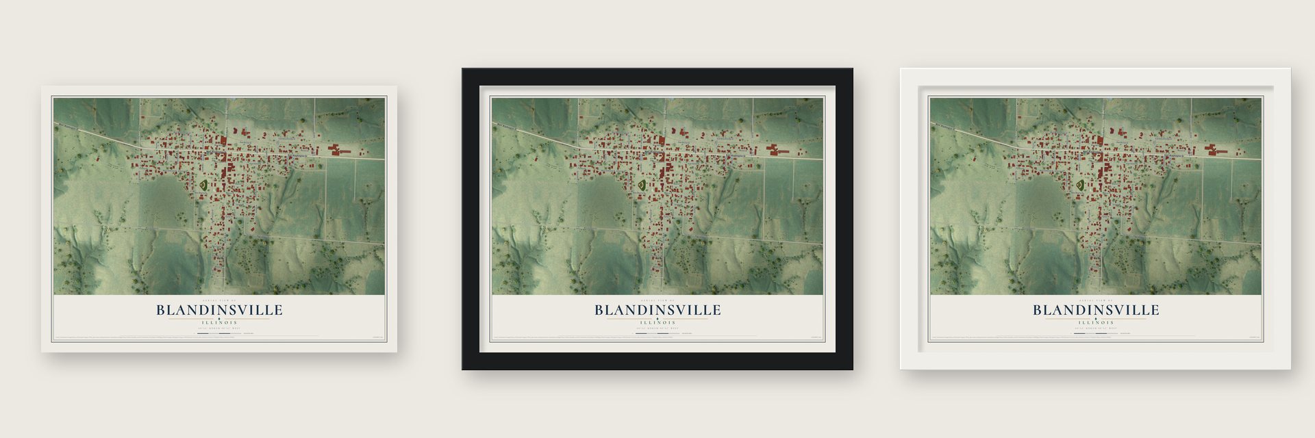 Blandinsville, Illinois map unframed, in a black wood frame and in a white wood frame