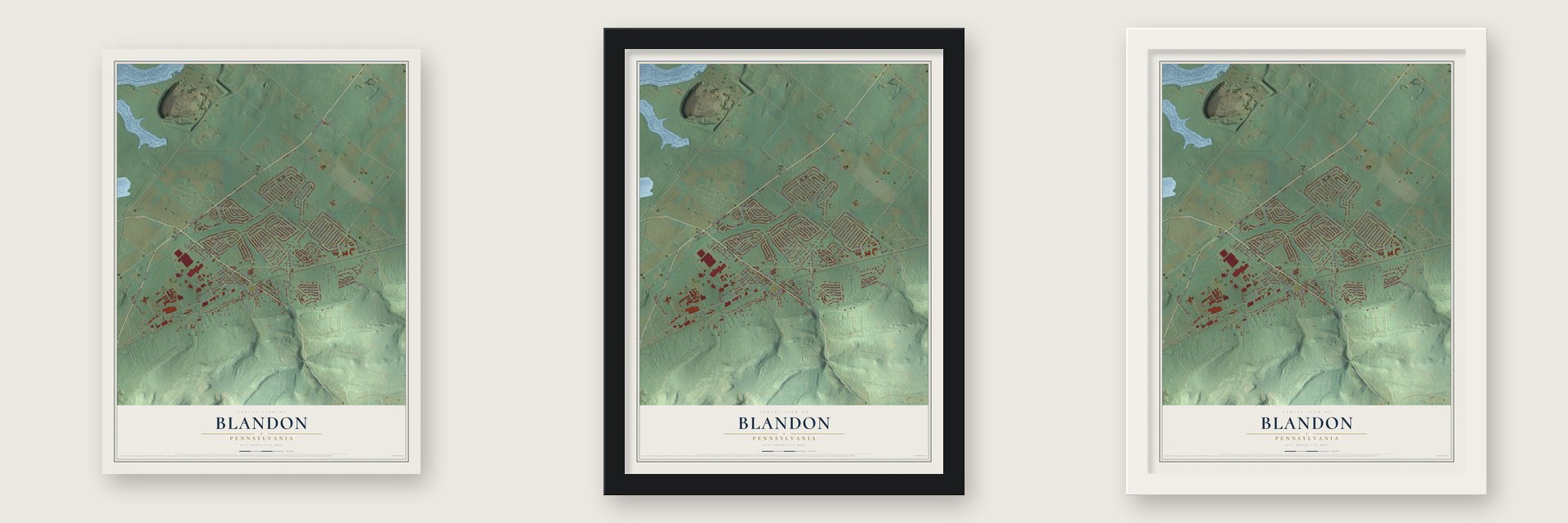 Blandon, Pennsylvania map unframed, in a black wood frame and in a white wood frame