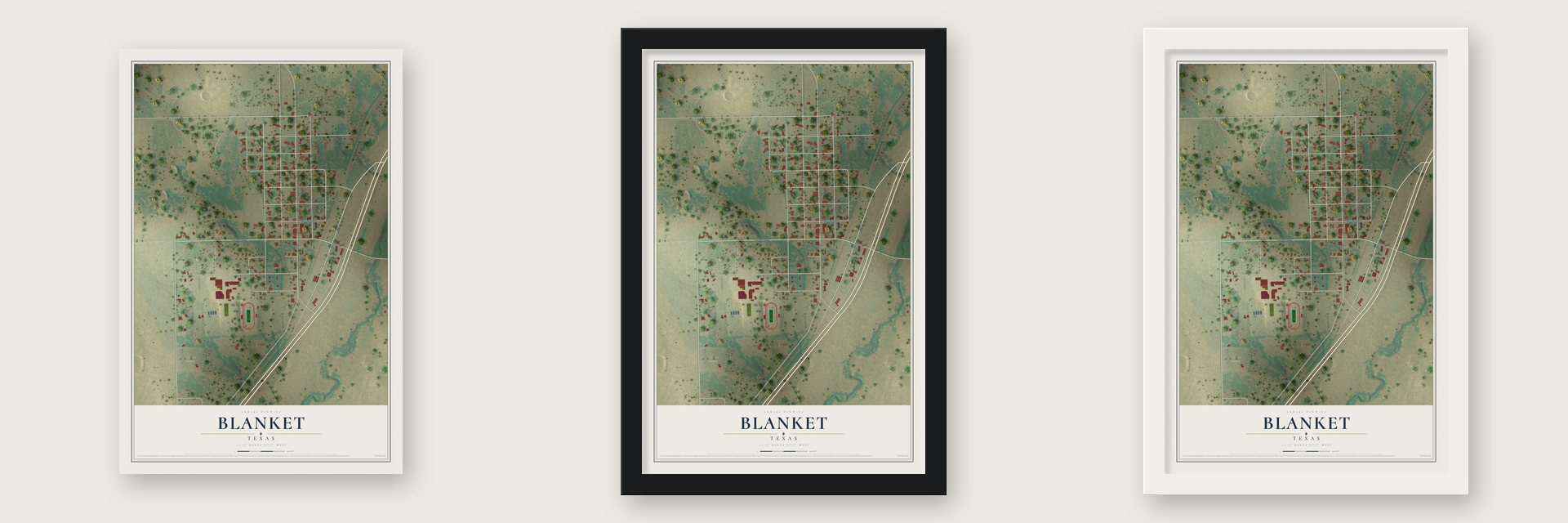 Blanket, Texas map unframed, in a black wood frame and in a white wood frame