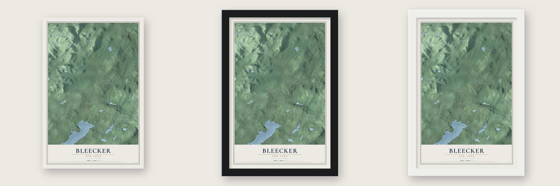 Bleecker, New York map unframed, in a black wood frame and in a white wood frame