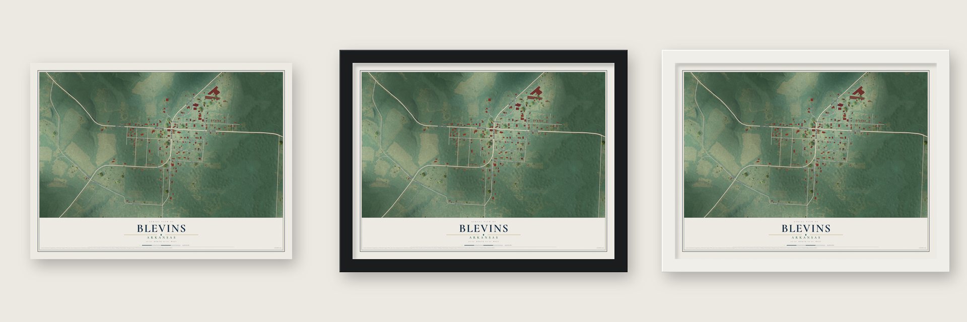 Blevins, Arkansas map unframed, in a black wood frame and in a white wood frame