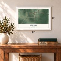 Blevins, Arkansas map, 12 x 18 inch print in a white frame in an entryway