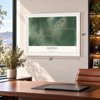 Blevins, Arkansas map, 18 x 24 inch print in a white frame in a home office