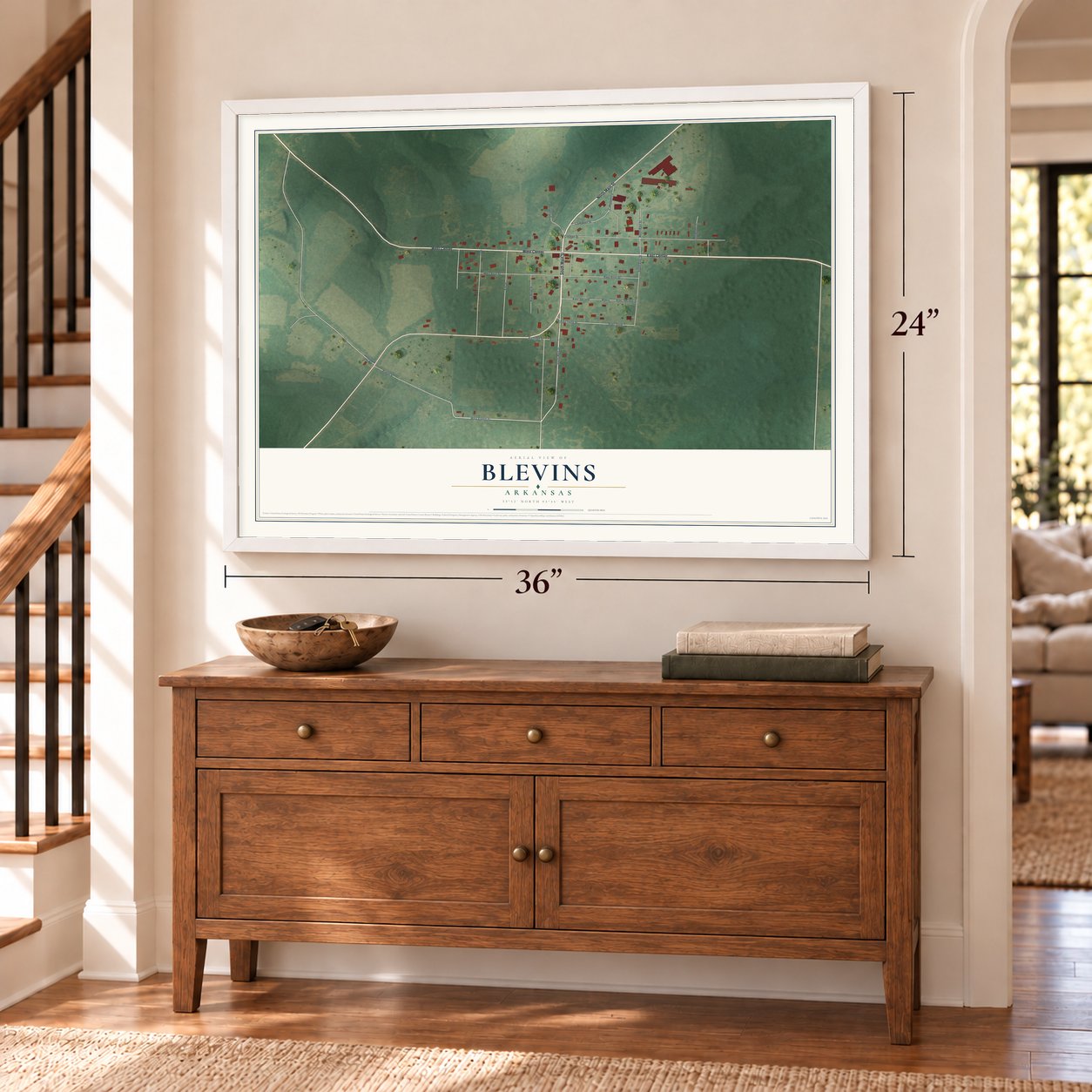 Blevins, Arkansas map, 24 x 36 inch print in a white frame above a dresser by a staircase