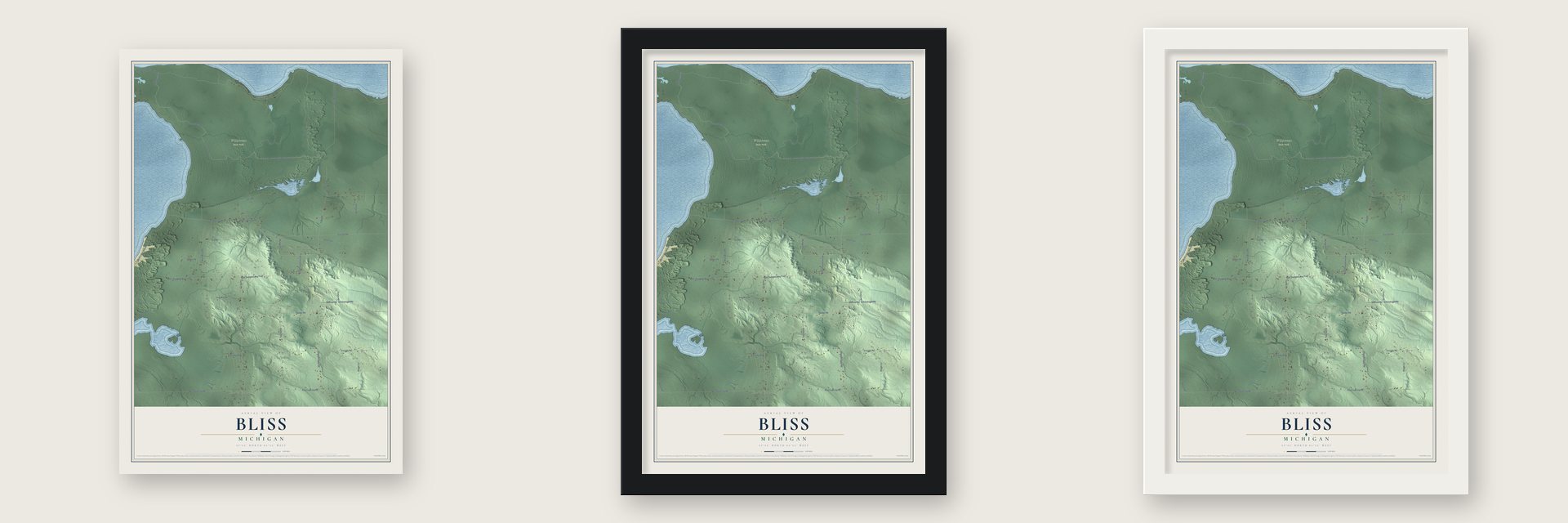 Bliss, Michigan map unframed, in a black wood frame and in a white wood frame